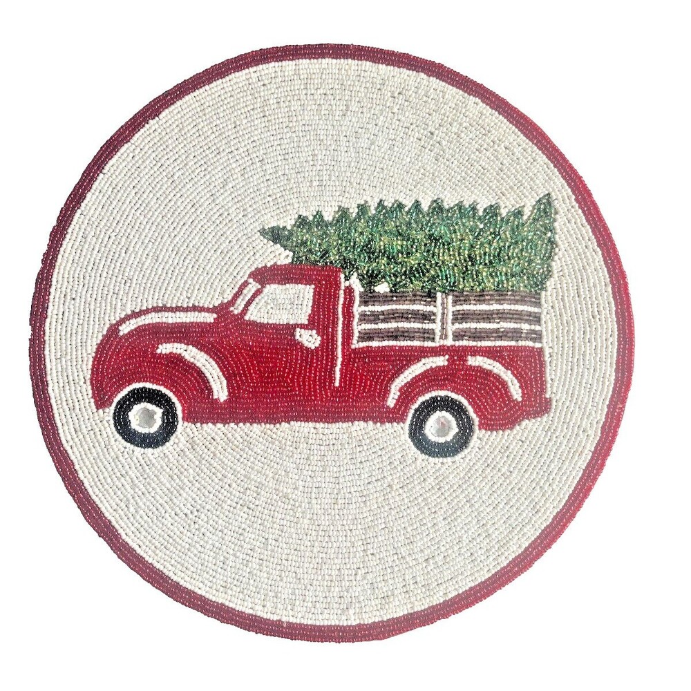 Nantucket Christmas Tree Beaded Placemats 14" Round Set of 3 Red Farm Truck